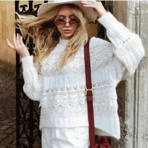 NWOT ZARA Alpaca Blend Long Sleeve Open Knit Lace Boho Blogger Favorite Sweater - Picture 5 of 11